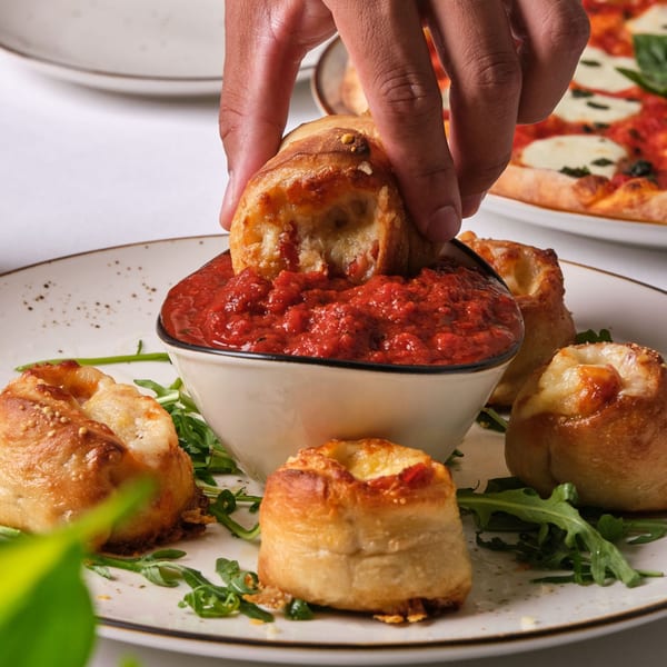 Hand dipping a cheesy garlic knot into a bowl of marinara sauce, with a pizza in the background.