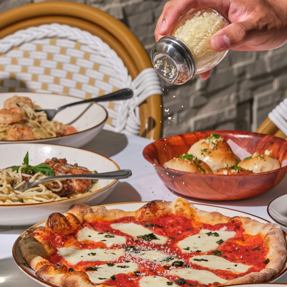 Hand sprinkling Parmesan cheese over a Margherita pizza, with pasta dishes and garlic knots on a white table.